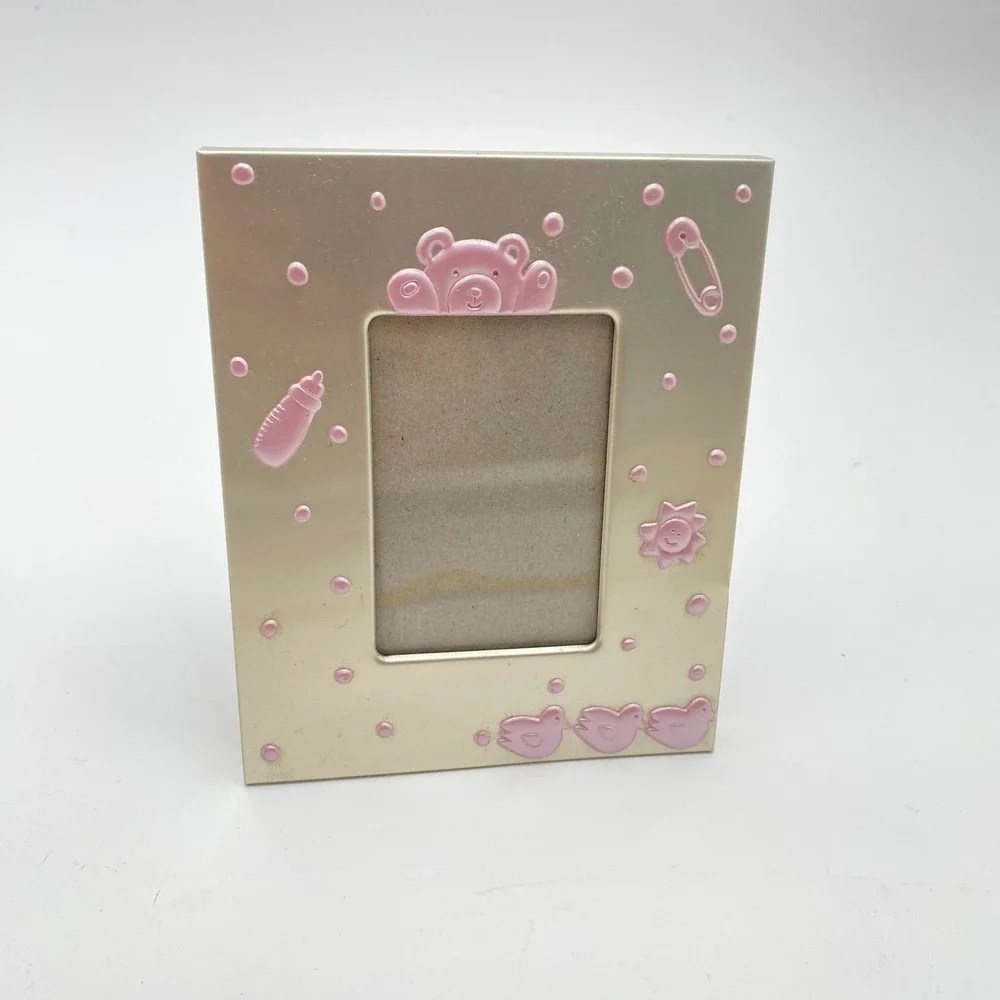 Baby Photo Frame Pink Teddy Bear Chicks Safety Pin Metal Design Tabletop Display